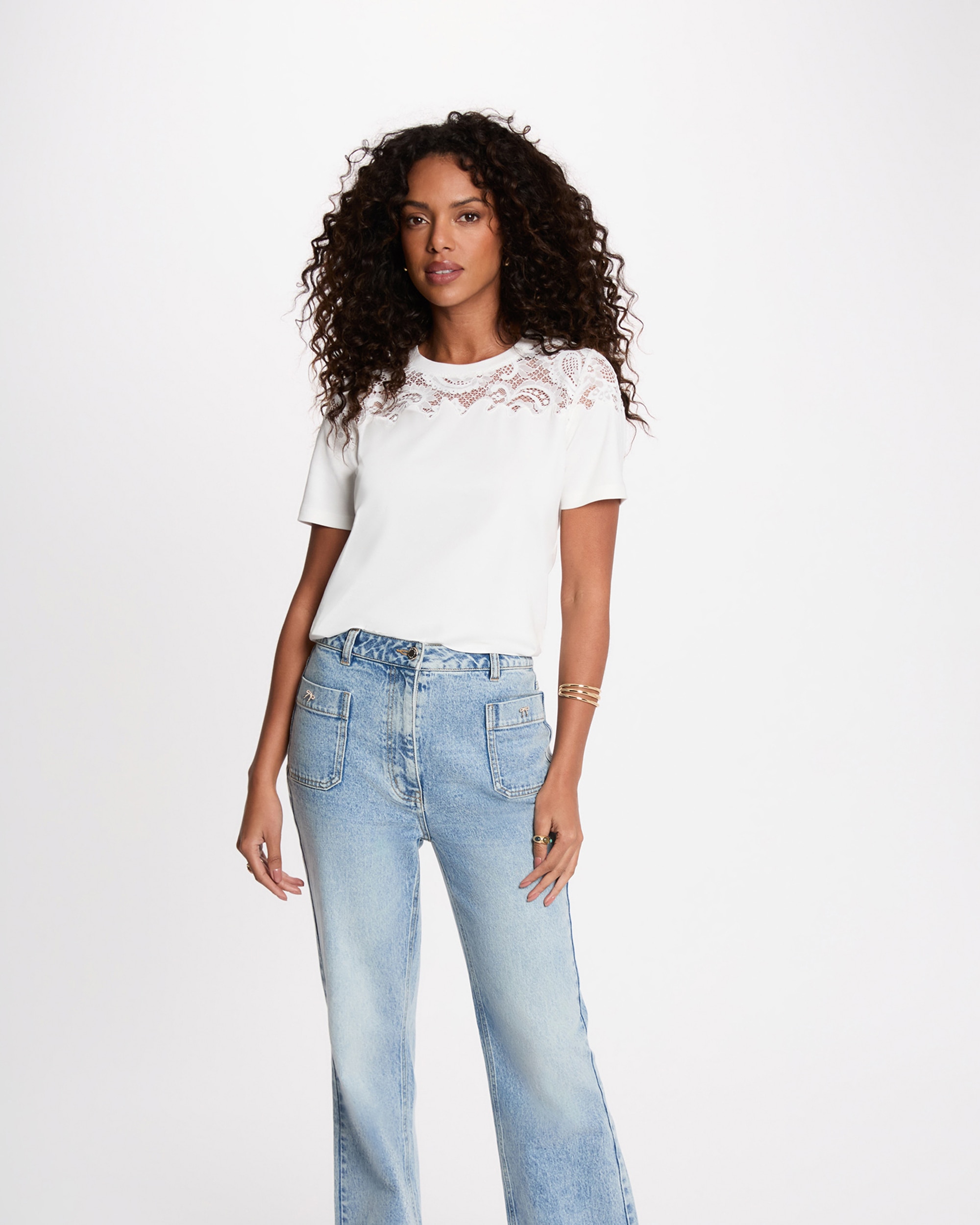 Camiseta de mujer con encaje manga corta - Morgan - Blanco Blanco-1