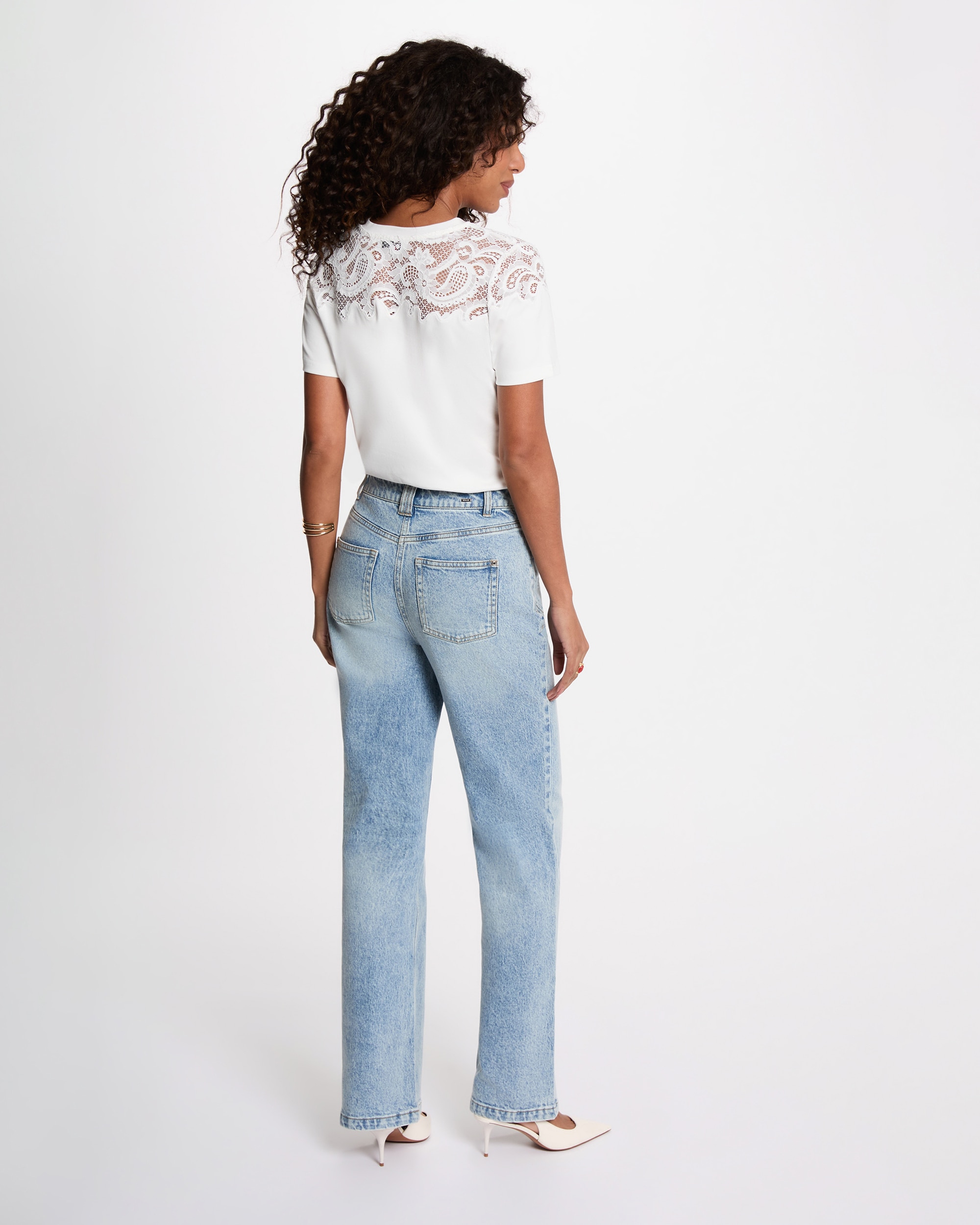Camiseta de mujer con encaje manga corta - Morgan - Blanco Blanco-2