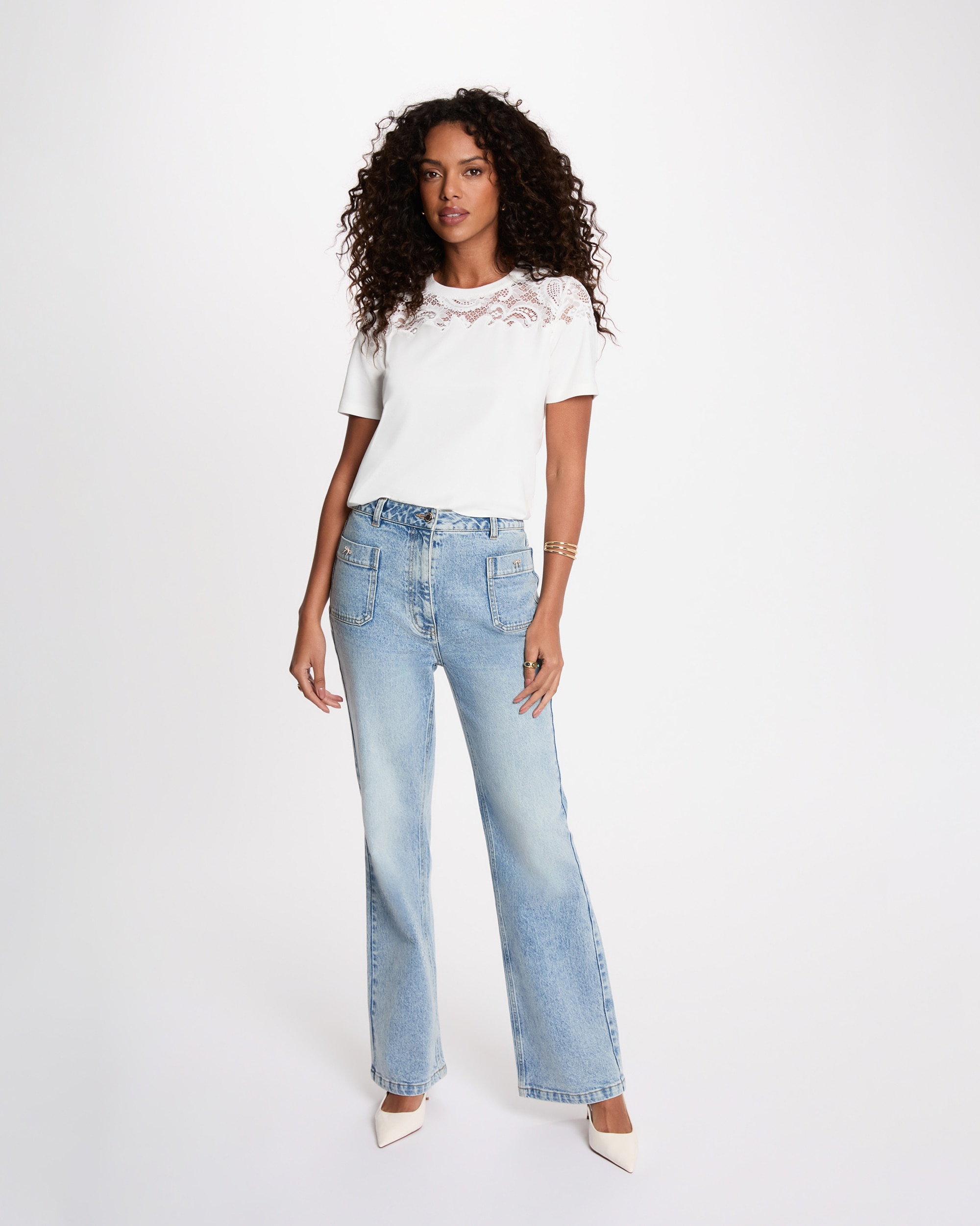 Camiseta de mujer con encaje manga corta - Morgan - Blanco Blanco-3