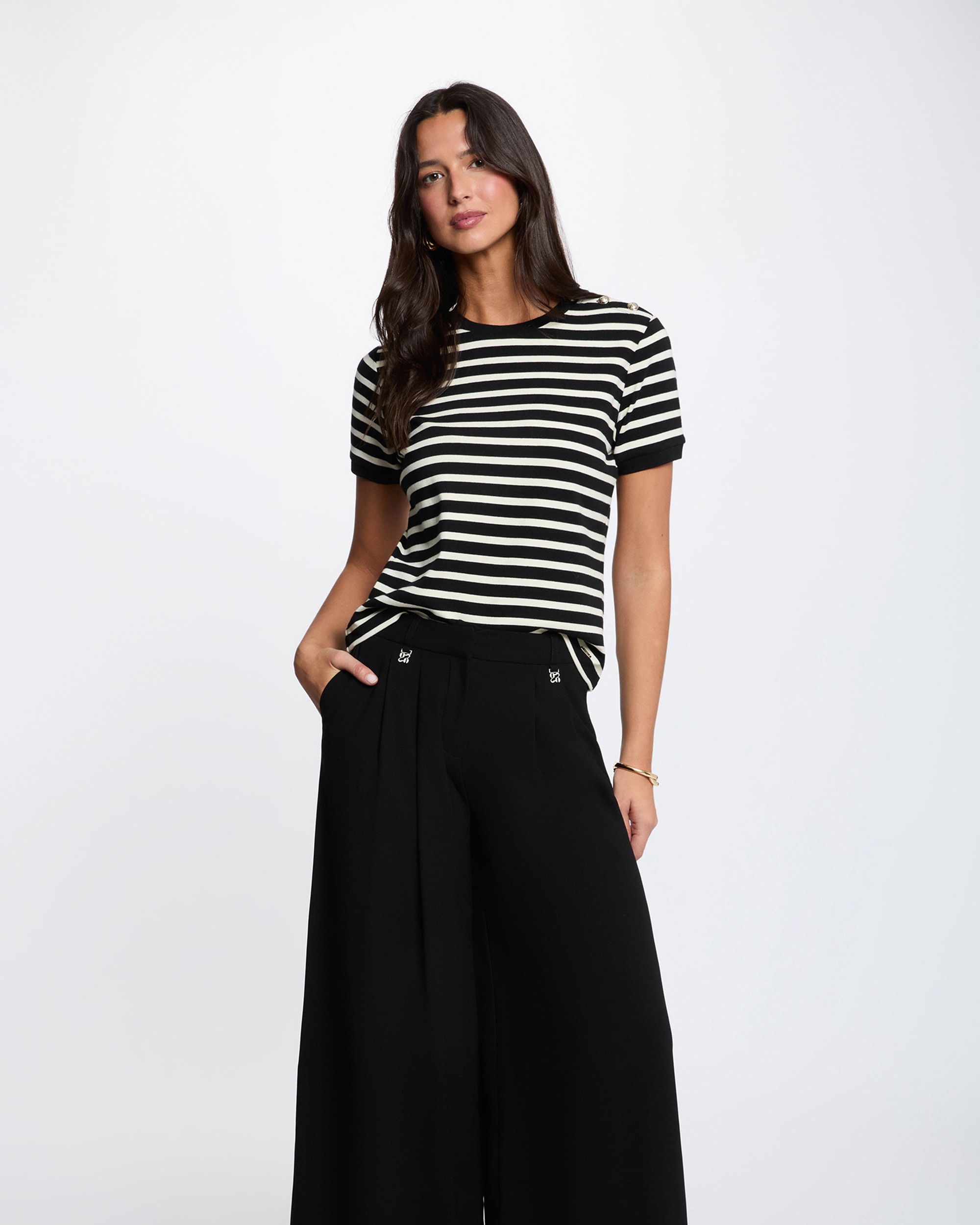 Camiseta de mujer de rayas con cuello redondo - Morgan - Negro Negro-1