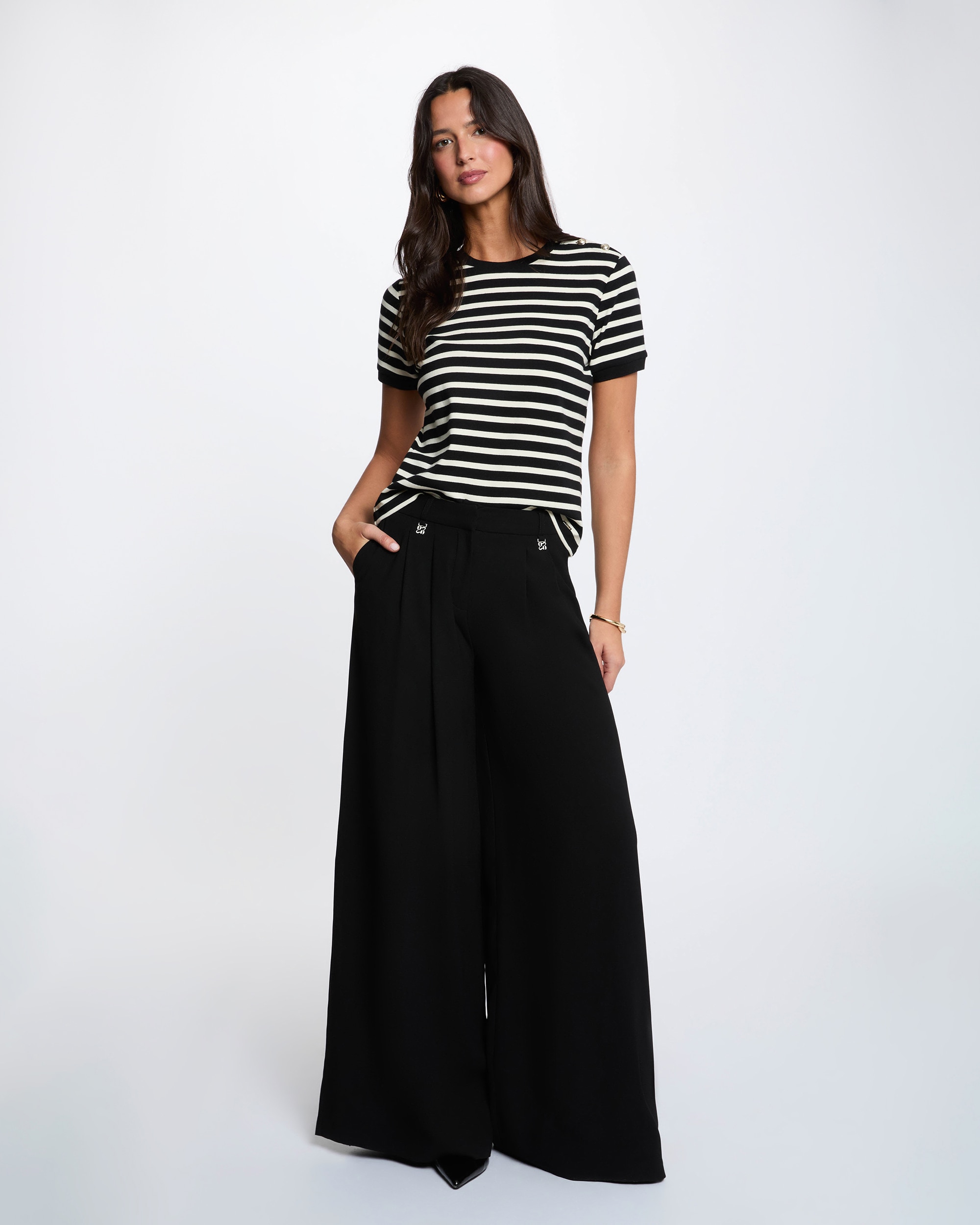Camiseta de mujer de rayas con cuello redondo - Morgan - Negro Negro-3