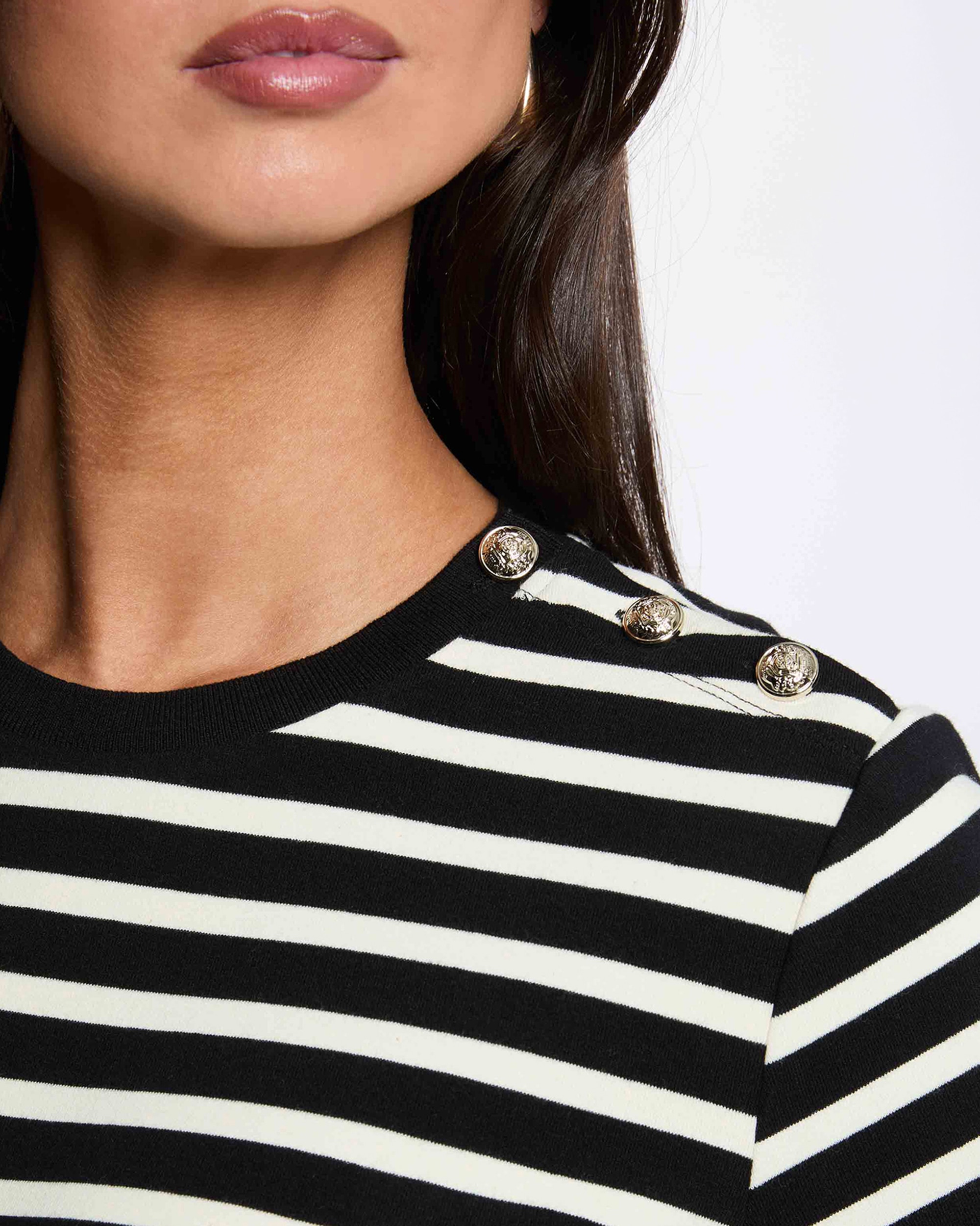 Camiseta de mujer de rayas con cuello redondo - Morgan - Negro Negro-4