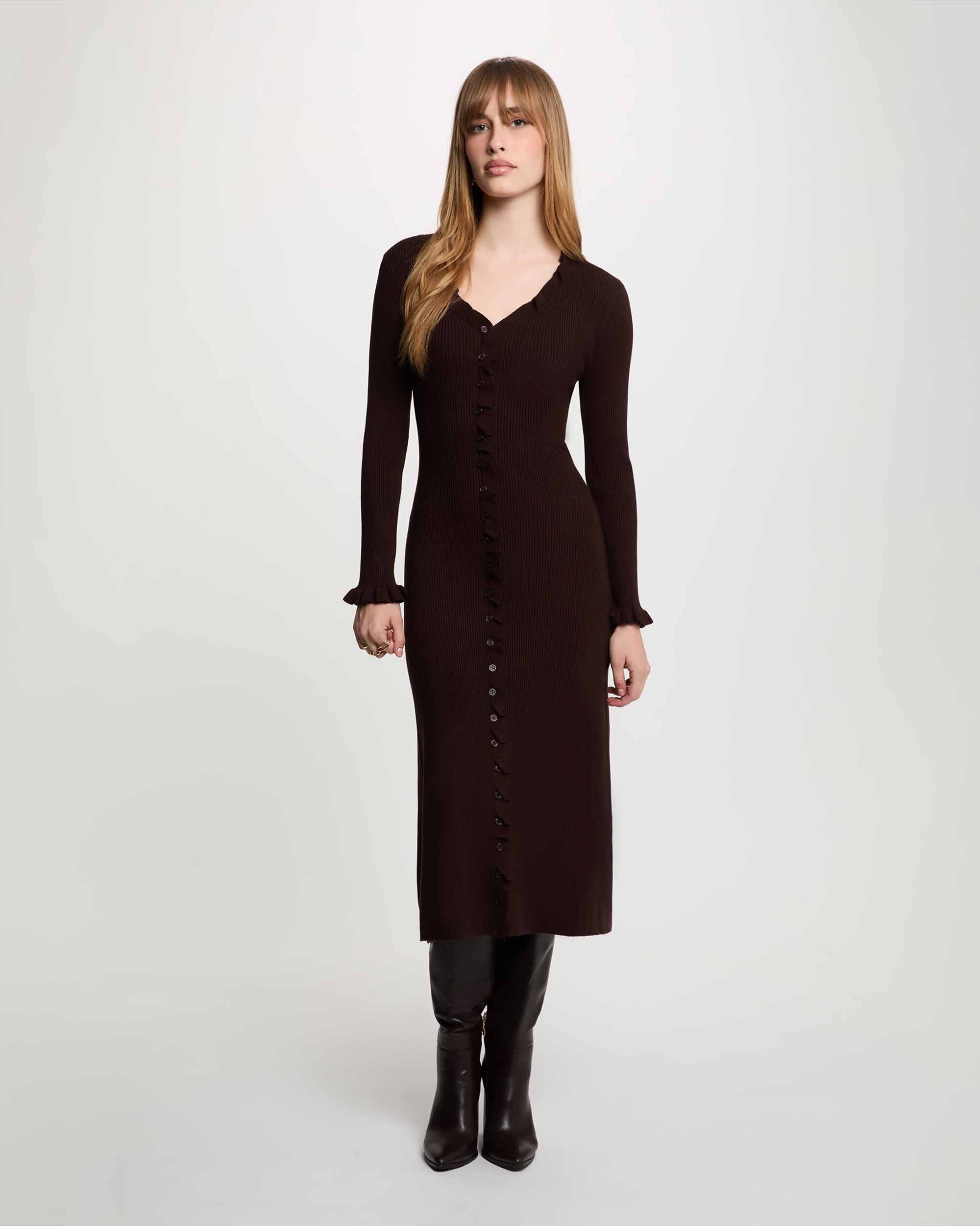 Vestido largo con escote pico - Morgan - Marrón oscuro Marrón oscuro-1