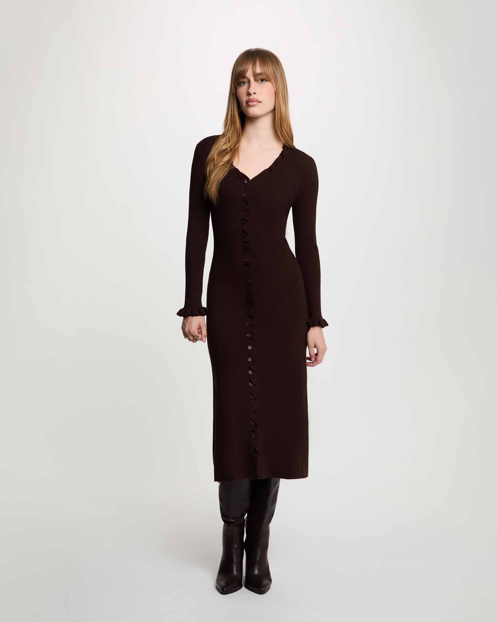 Vestido largo con escote pico - Morgan - Marrón oscuro Marrón oscuro-4