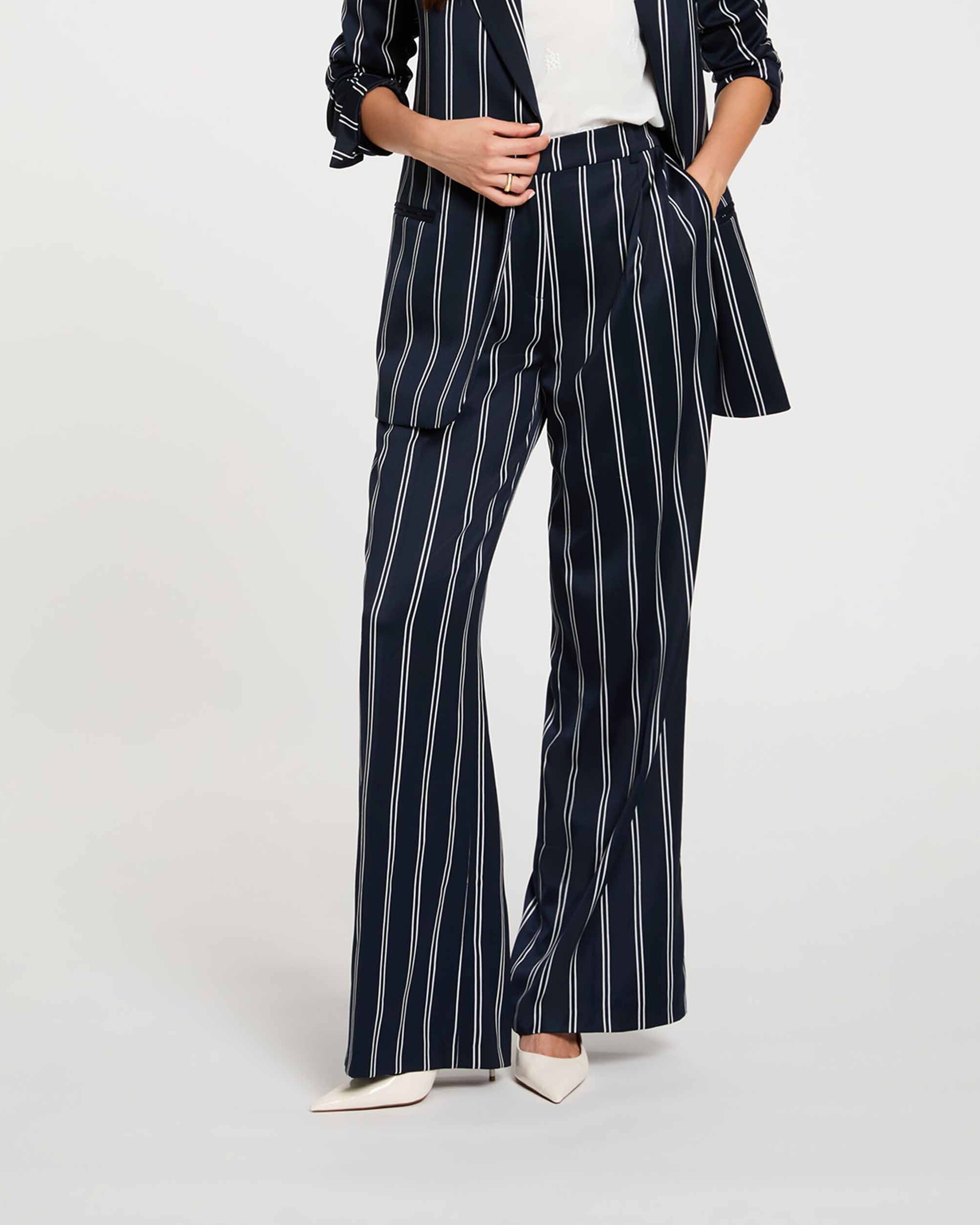 Imagen 0 de Pantalones anchos de mujer con estampado de rayas Azul marino / Naranja