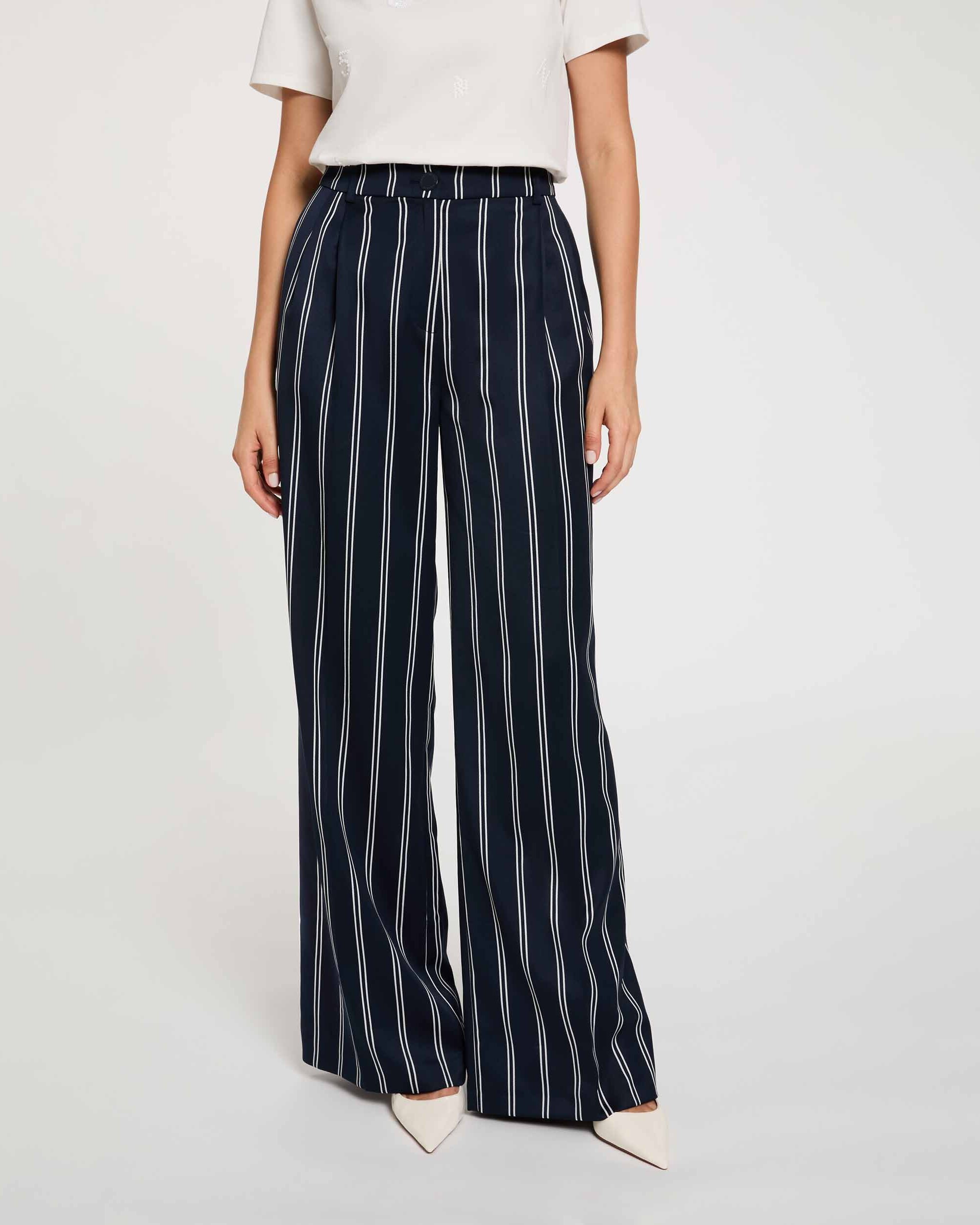 Pantalones anchos de mujer con estampado de rayas - Morgan - Azul marino / Naranja Azul marino / Naranja-5