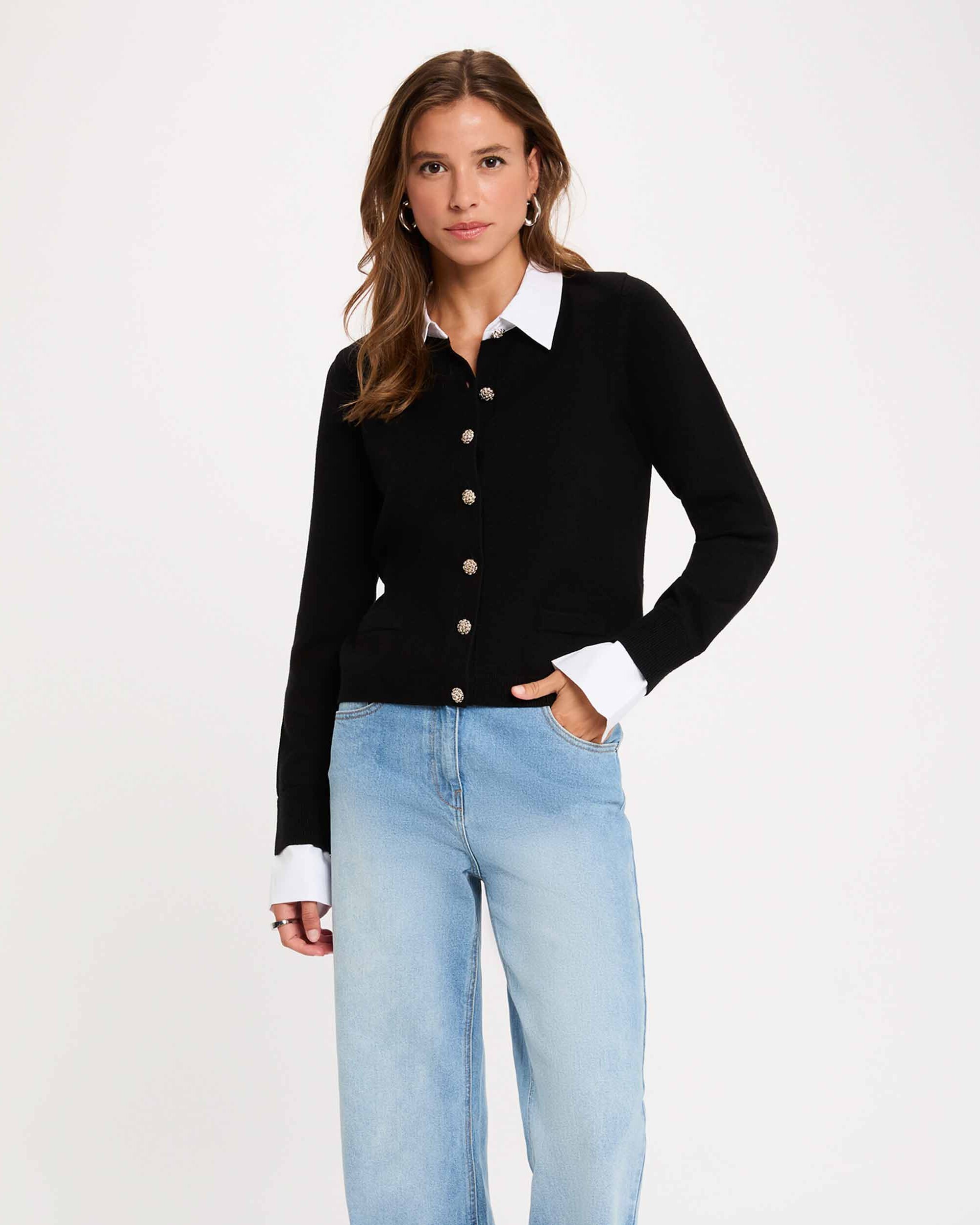 Cárdigan de mujer con cuello camisero - Morgan - Negro / Blanco Negro / Blanco-1