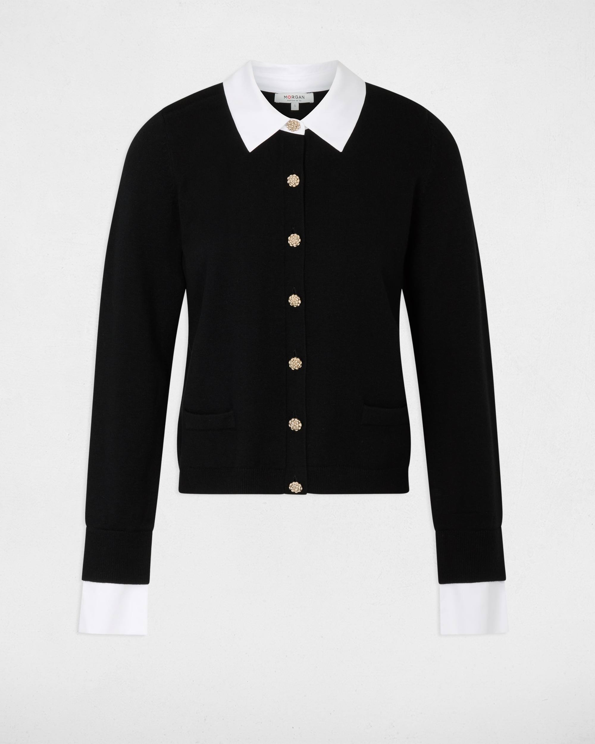Cárdigan de mujer con cuello camisero - Morgan - Negro / Blanco Negro / Blanco-5
