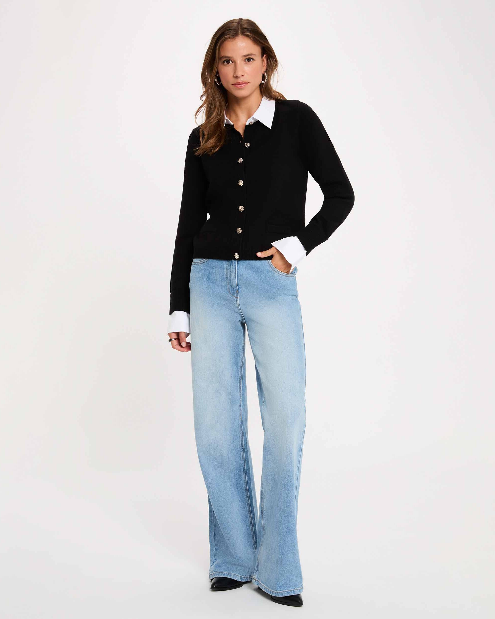 Cárdigan de mujer con cuello camisero - Morgan - Negro / Blanco Negro / Blanco-3
