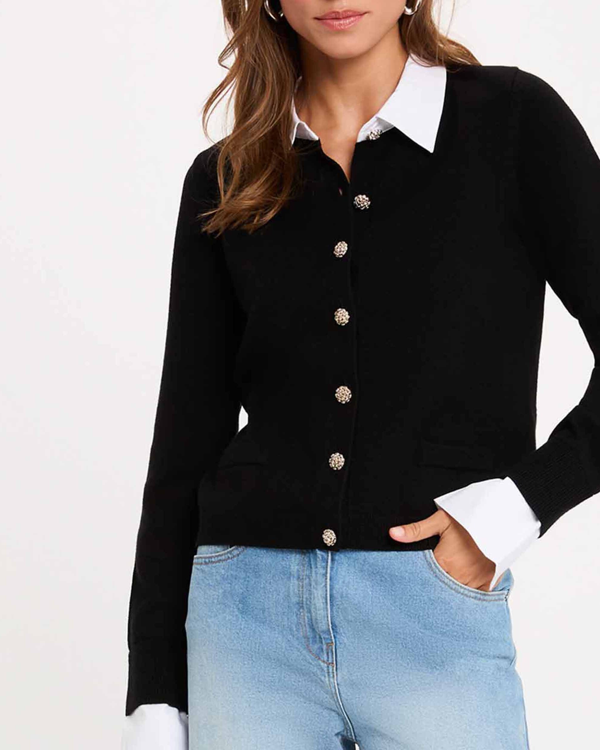 Cárdigan de mujer con cuello camisero - Morgan - Negro / Blanco Negro / Blanco-4
