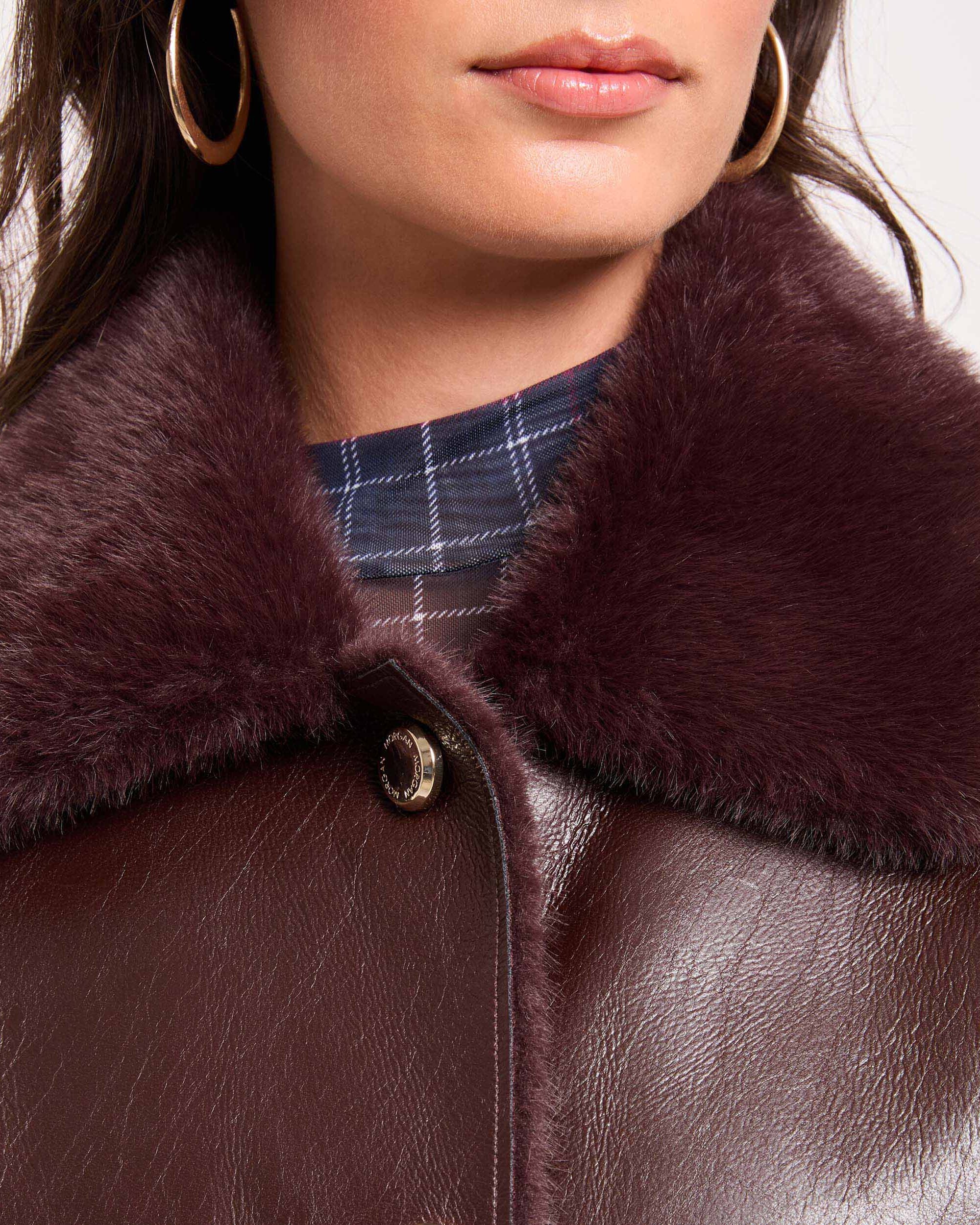 Cazadora de mujer con cuello de pelo - Morgan - Ciruela Ciruela-4