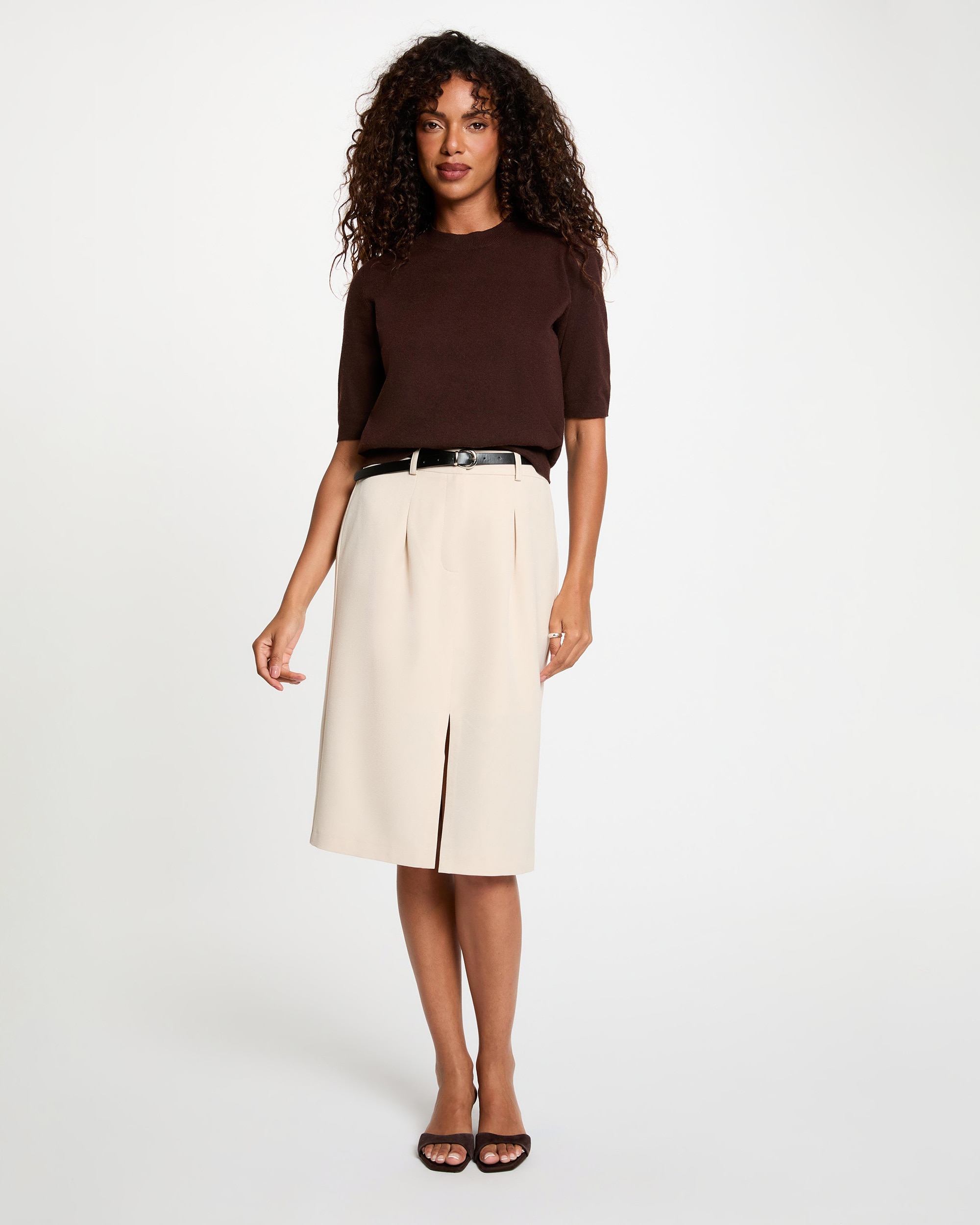 Falda midi con pinzas sastre - Morgan - Beige Beige-3