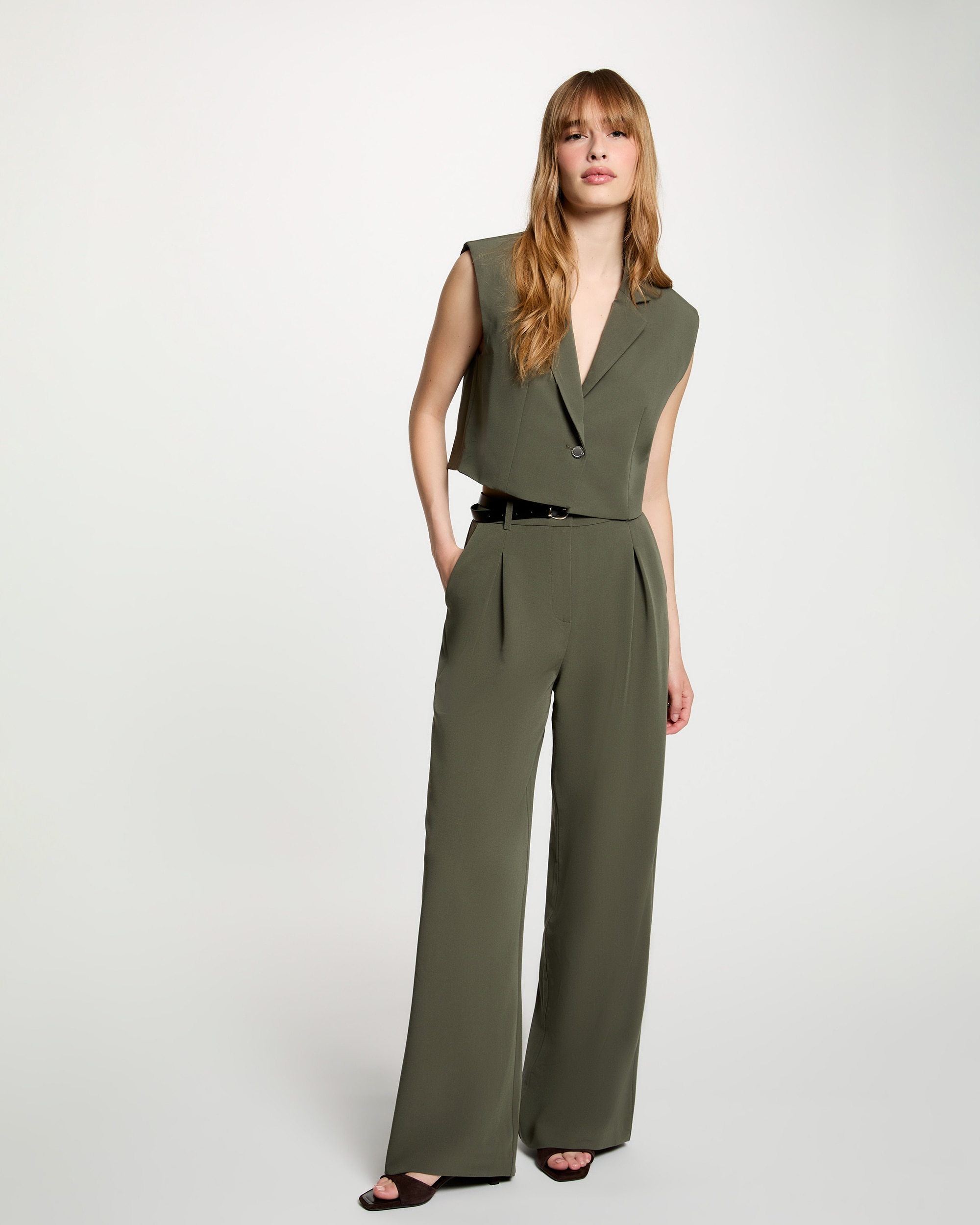 Blazer de mujer crop sin mangas - Morgan - Verde militar Verde militar-4