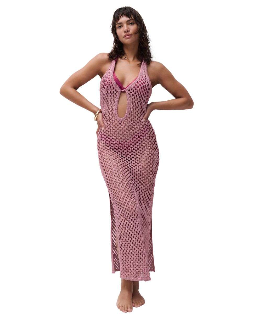 Imagen 0 de Vestido de playa largo de malla con efecto rejilla de la línea chantelle pulp metallic Rosa