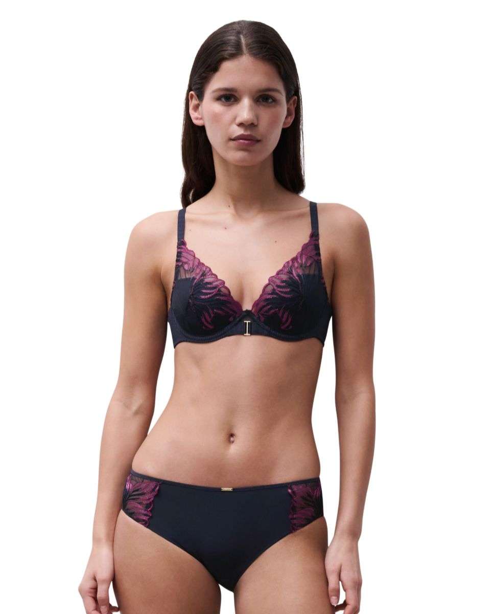 Sujetador con relleno y efecto realce con encaje floral y transparencias línea Legend - Chantelle - Azul marino Azul marino-3