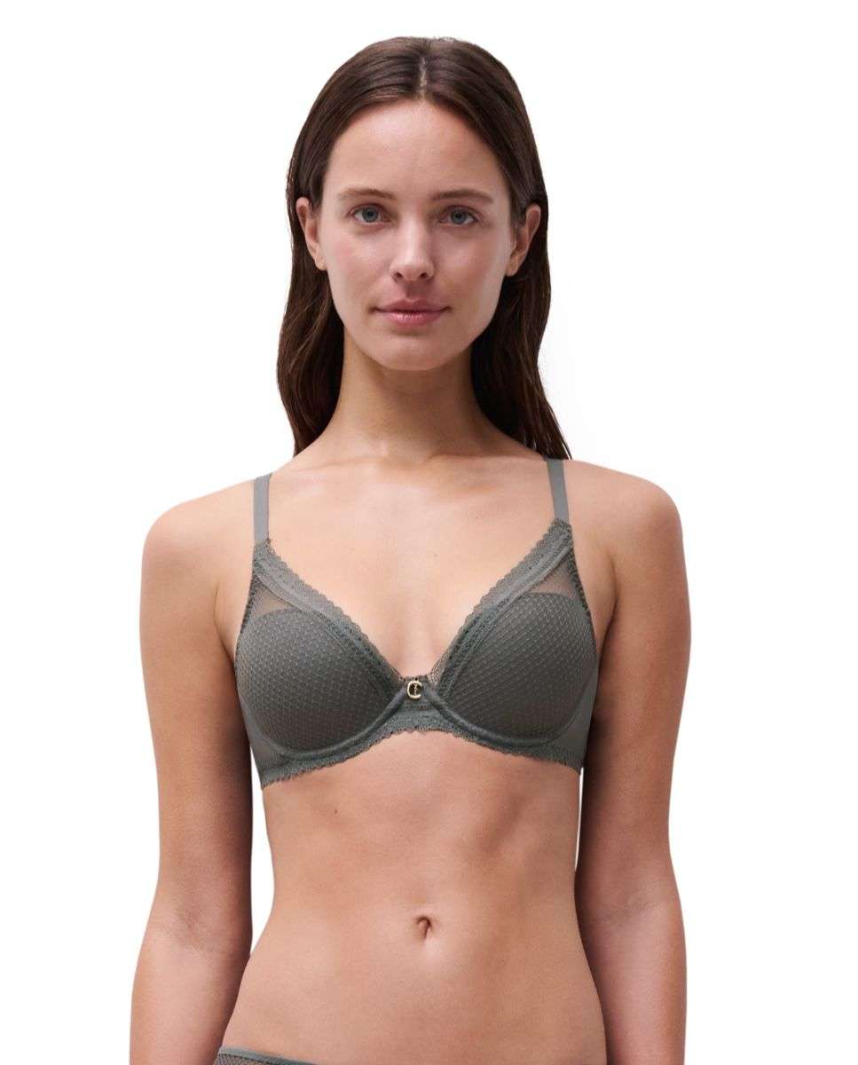 Sujetador con aro de mujer, con relleno y efecto realce de encaje y malla nido de abeja de la línea romance - Chantelle - Kaki Kaki-1