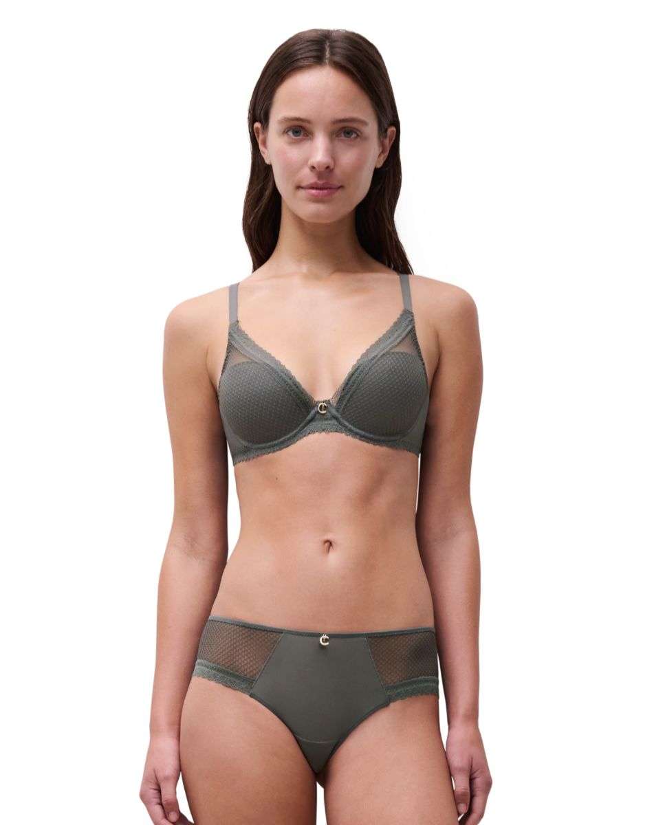 Sujetador con aro de mujer, con relleno y efecto realce de encaje y malla nido de abeja de la línea romance - Chantelle - Kaki Kaki-3