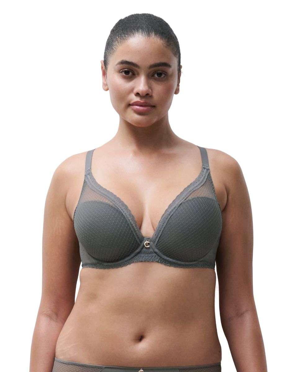 Sujetador con aro de mujer, con relleno y efecto realce de encaje y malla nido de abeja de la línea romance - Chantelle - Kaki Kaki-4