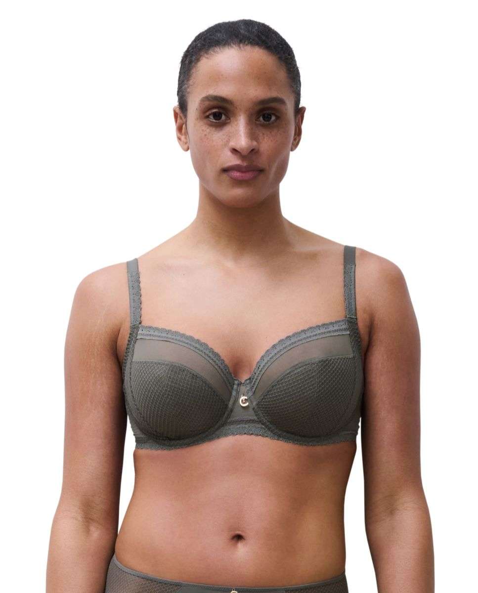 Sujetador con aro de mujer muy cubriente con malla de nido de abeja de la línea romance - Chantelle - Kaki Kaki-1
