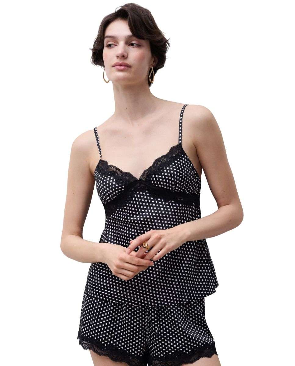 Camiseta de pijama de mujer de tirantes de encaje barroco y punto satinado de la línea gloss - Chantelle - Negro / Blanco Negro / Blanco-1