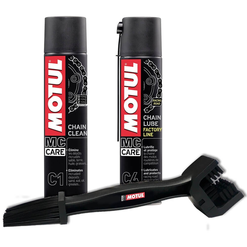 Imagen 0 de Pack para cadena de moto Cepillo + C1 Limpiador 400 ml. + C4 Grasa cadena Motul