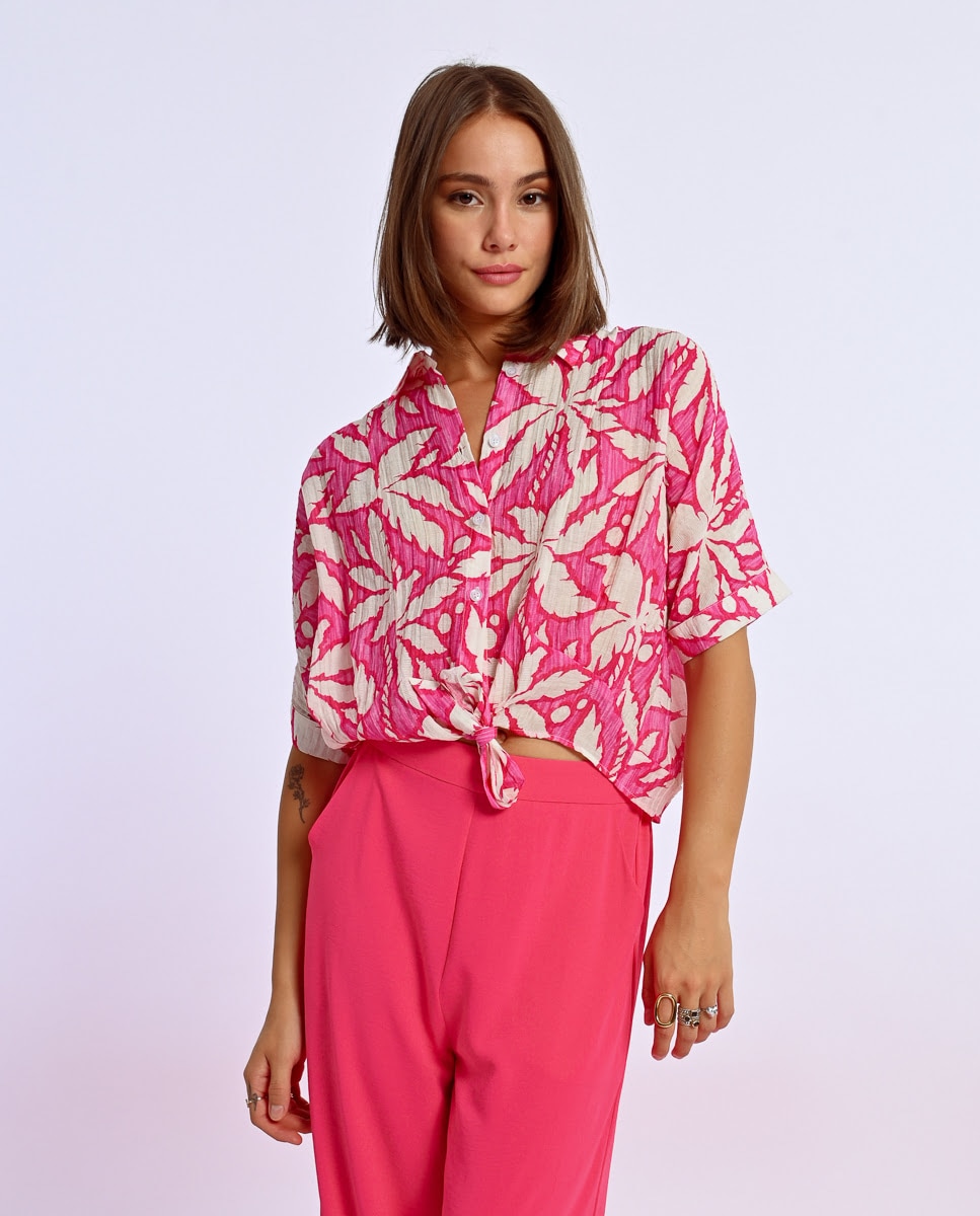 Lili Sidonio - Camisa de mujer de manga corta estampada con lazada.