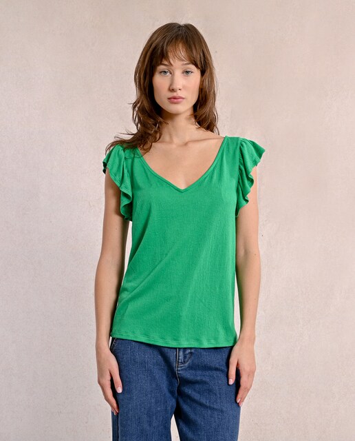 Imagen 0 de Camiseta de mujer con volantes y escote de pico
