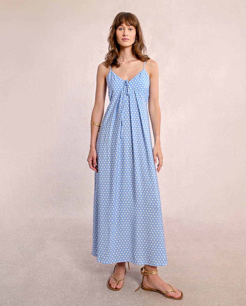 Vestido largo de tirantes con estampado de lunares