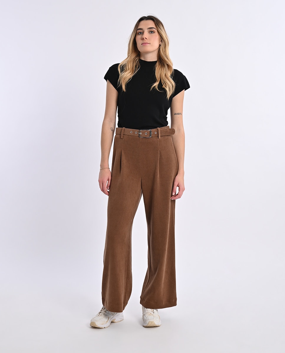 Pantalón de mujer largo tipo cullote con cinturón - Lili Sidonio - Marrón Marrón-1