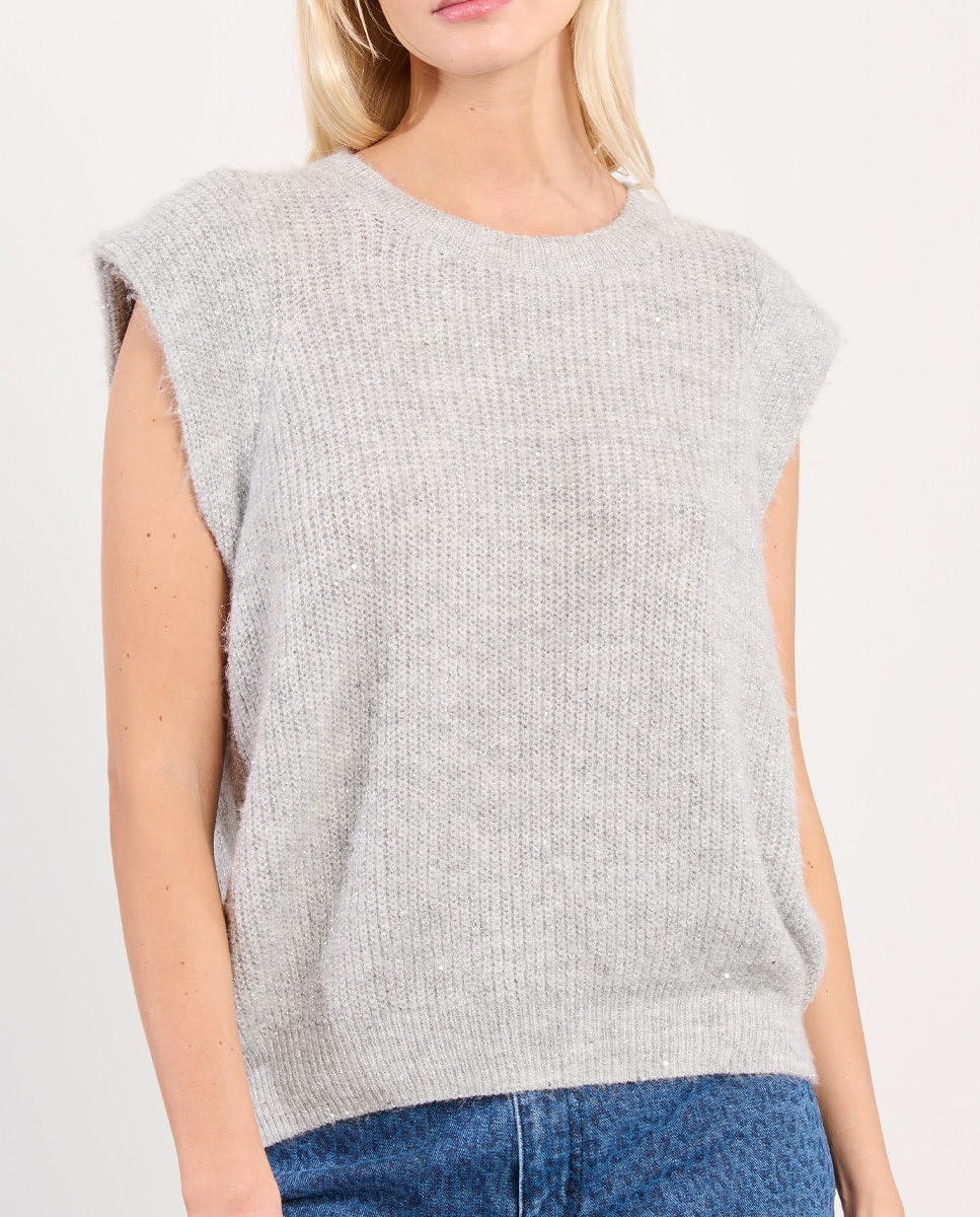 Jersey de mujer de manga corta en punto de canalé - Lili Sidonio - Gris Gris-5