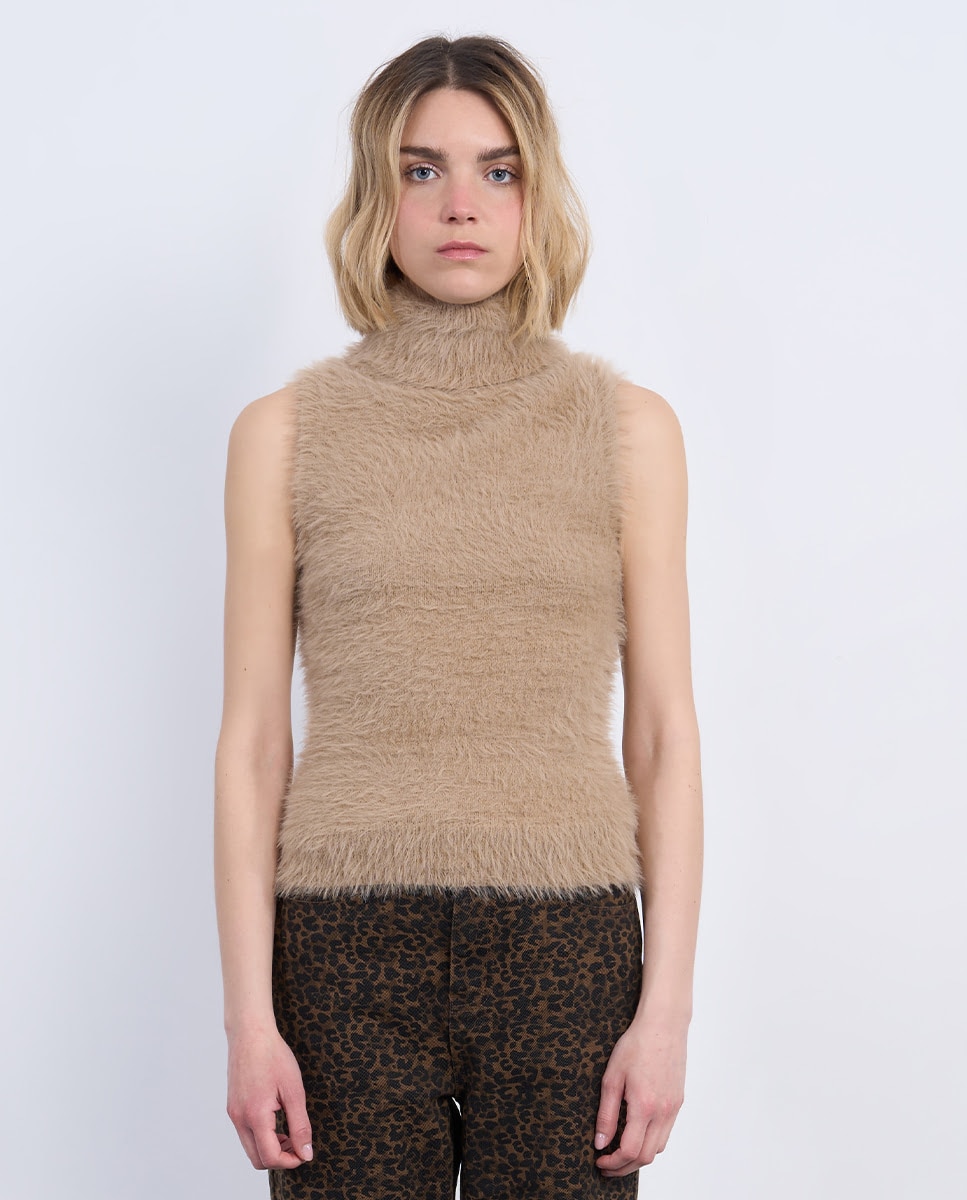 Top de mujer de manga sisa en tejido de peluche - Lili Sidonio - Beige Beige-1
