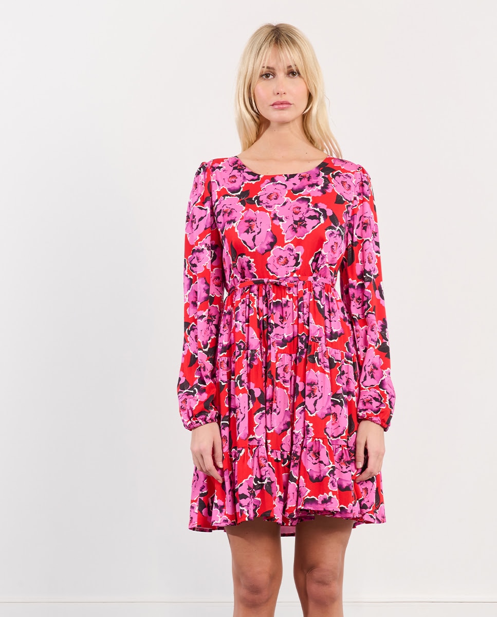 Lili Sidonio - Vestido corto de manga larga con estampado y pliegues.