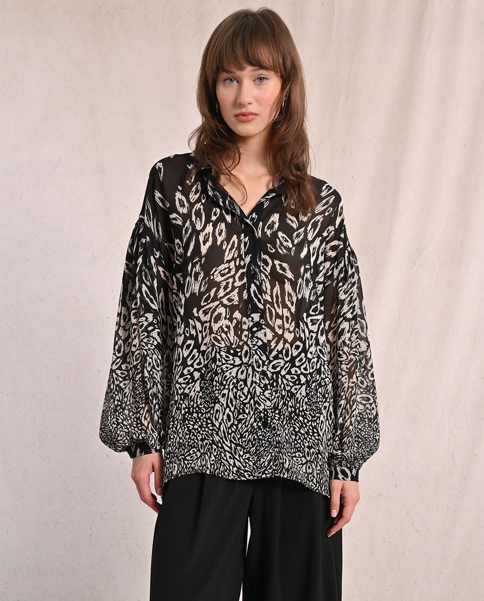 Imagen 1 de Blusa de mujer de manga abullonada con estampado y lazada - Molly Bracken - Negro / Blanco Negro / Blanco