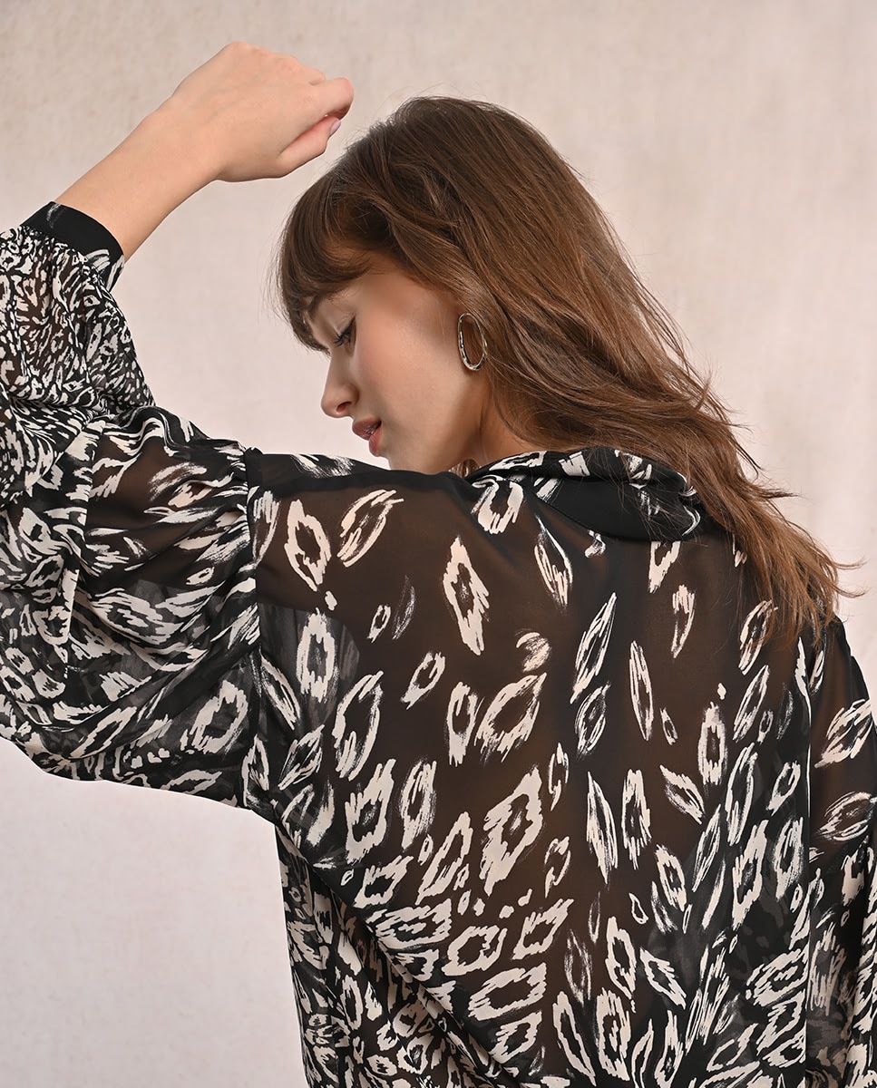Imagen 5 de Blusa de mujer de manga abullonada con estampado y lazada - Molly Bracken - Negro / Blanco Negro / Blanco
