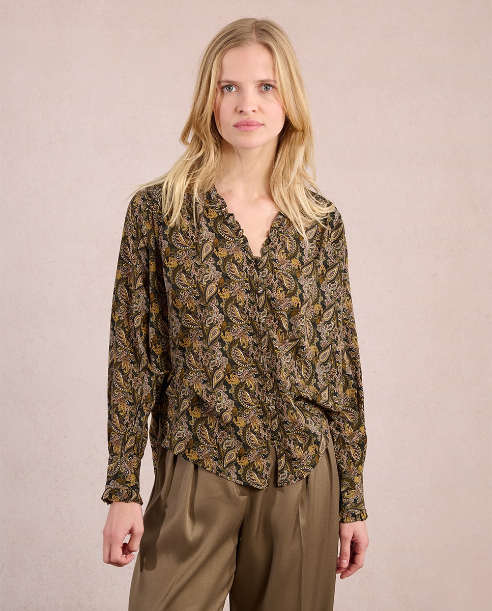 Molly Bracken - Camisa de mujer de manga larga con estampado y volantes.