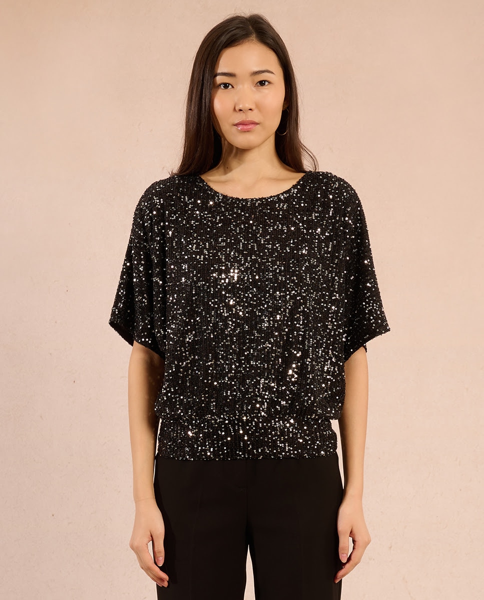 Top de mujer de manga corta con lentejuelas y abertura - Molly Bracken - Negro Negro-1