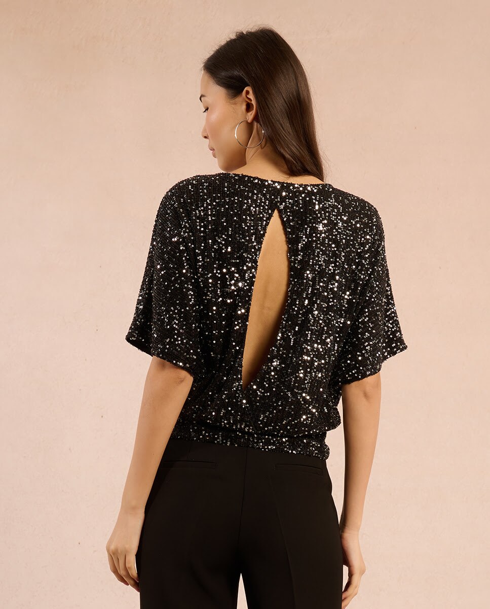 Top de mujer de manga corta con lentejuelas y abertura - Molly Bracken - Negro Negro-2