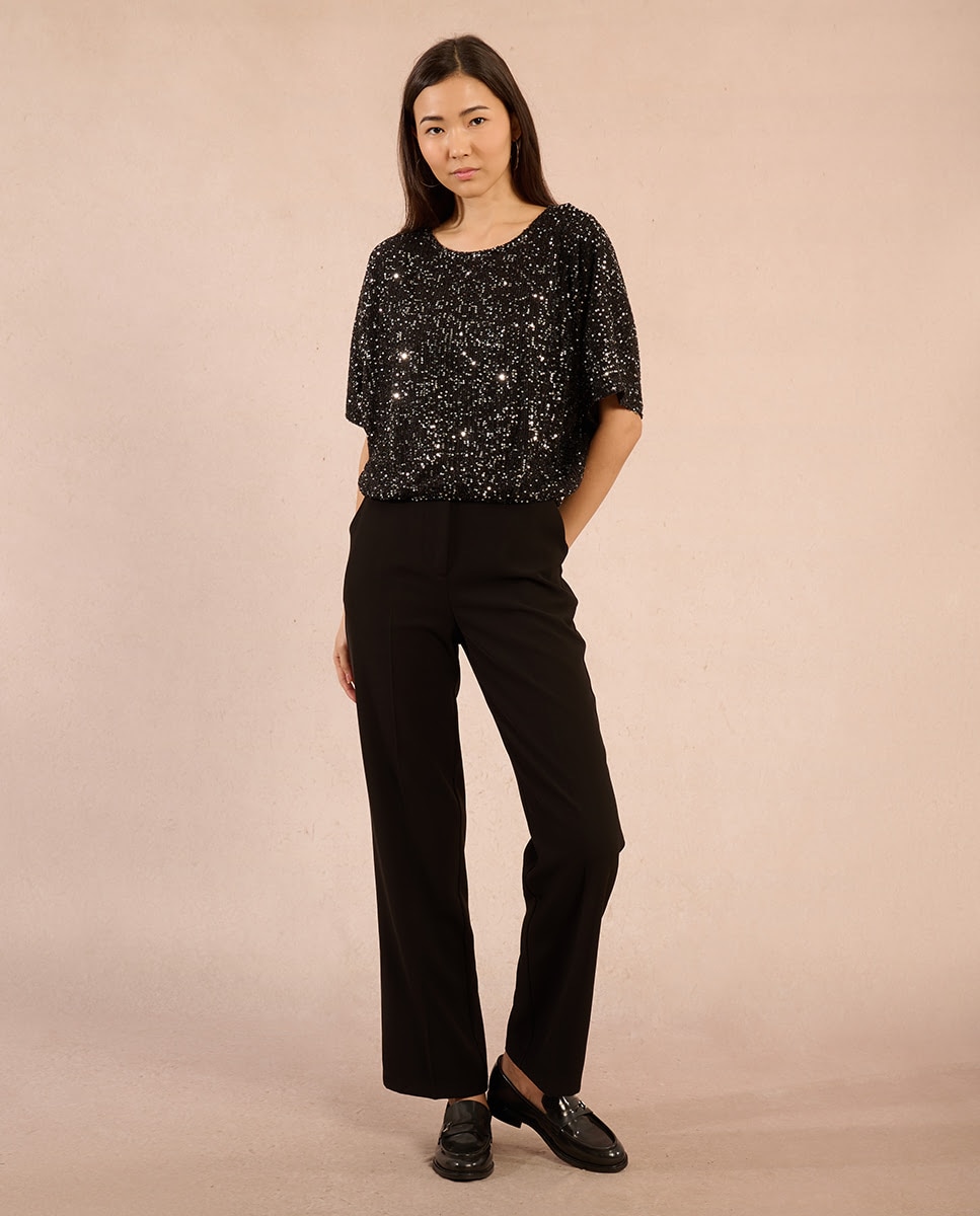 Top de mujer de manga corta con lentejuelas y abertura - Molly Bracken - Negro Negro-3