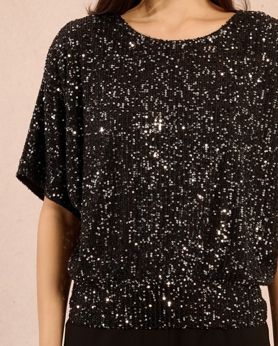 Top de mujer de manga corta con lentejuelas y abertura - Molly Bracken - Negro Negro-4