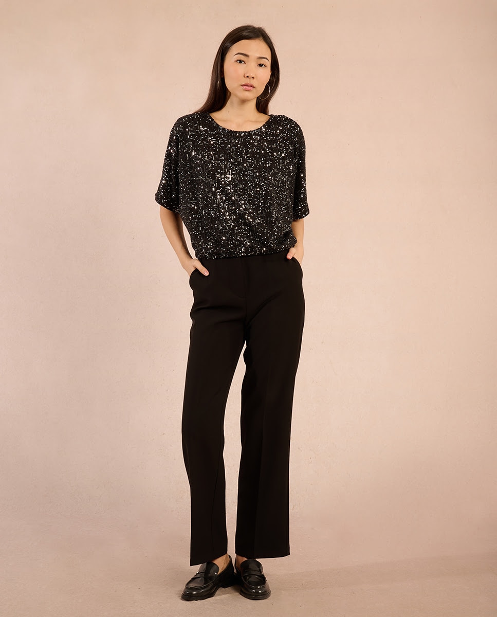 Top de mujer de manga corta con lentejuelas y abertura - Molly Bracken - Negro Negro-5
