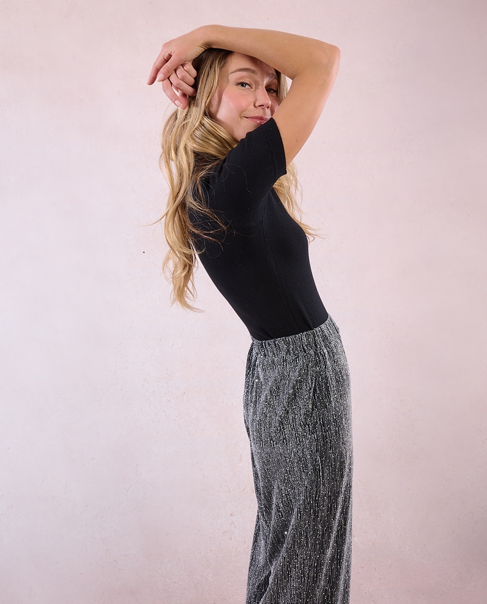 Pantalón de mujer largo en tejido brillante - Molly Bracken - Gris Gris-5