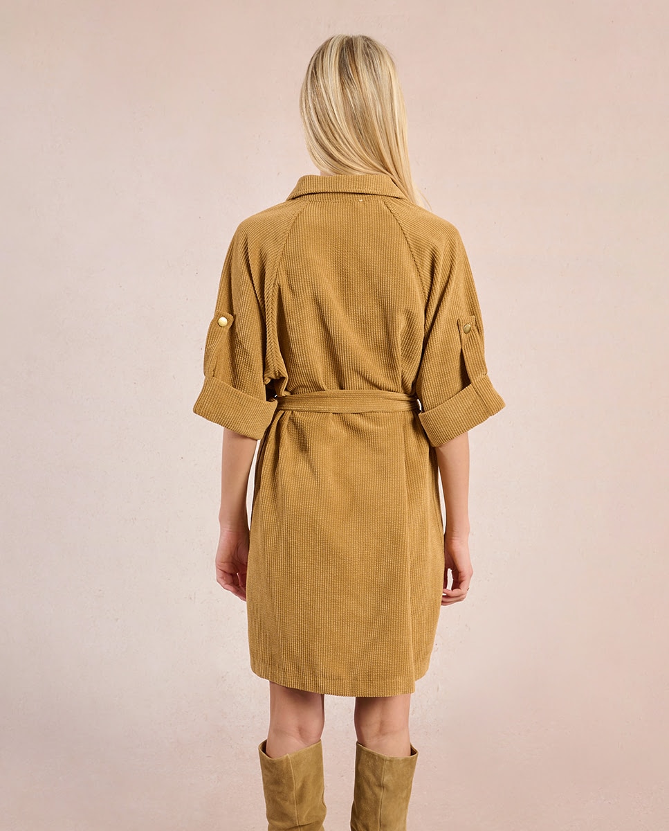Vestido corto en tejido de pana con cinturón - Molly Bracken - Marrón Marrón-2