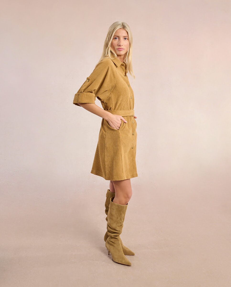 Vestido corto en tejido de pana con cinturón - Molly Bracken - Marrón Marrón-3