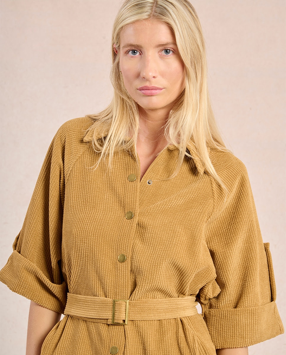 Vestido corto en tejido de pana con cinturón - Molly Bracken - Marrón Marrón-5