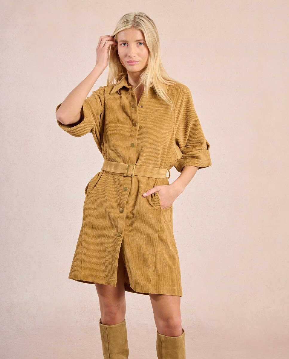 Vestido corto en tejido de pana con cinturón - Molly Bracken - Marrón Marrón-6