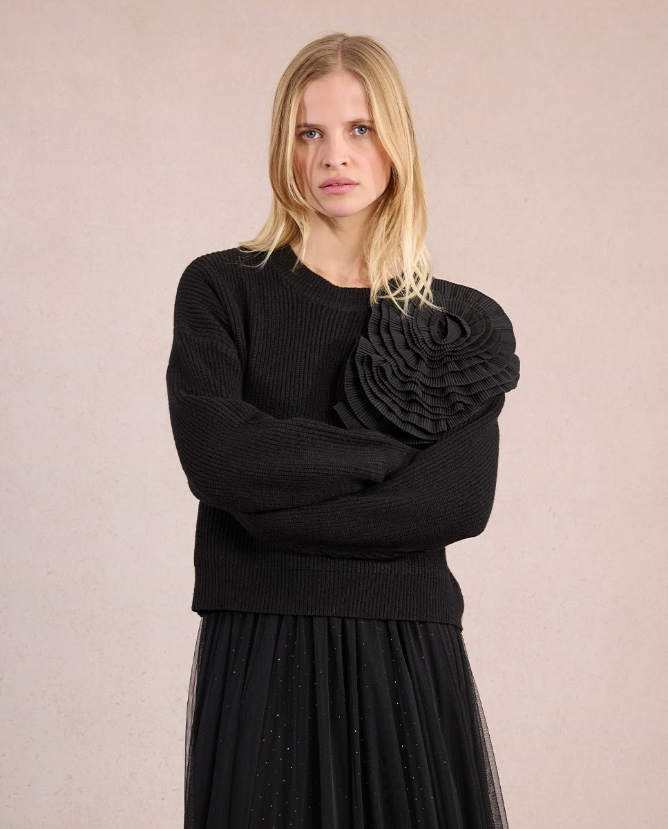 Jersey de mujer de manga larga detalle flor - Molly Bracken - Negro Negro-4