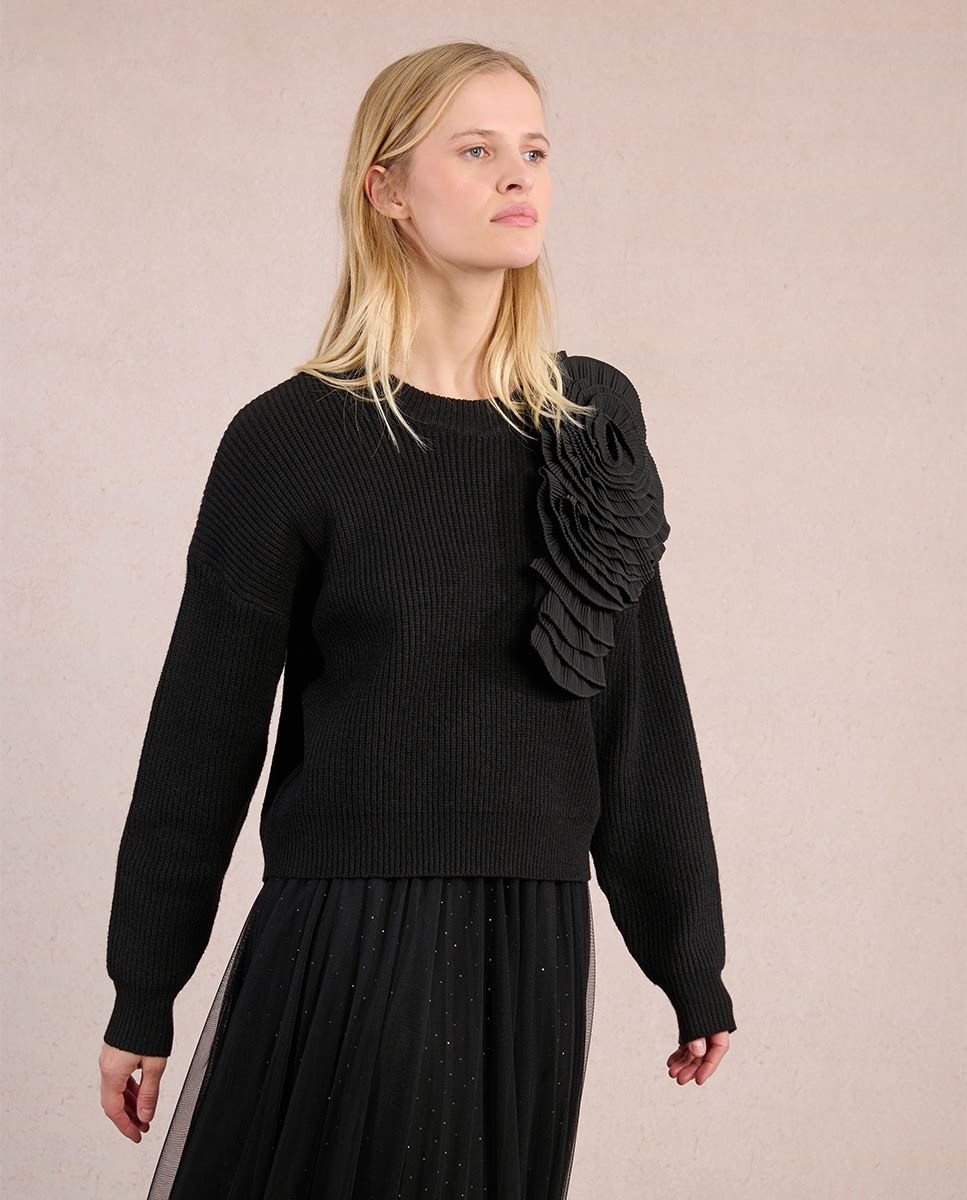Jersey de mujer de manga larga detalle flor - Molly Bracken - Negro Negro-5