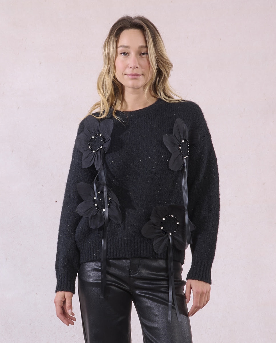 Jersey de mujer de manga larga detalle flores - Molly Bracken - Negro Negro-1