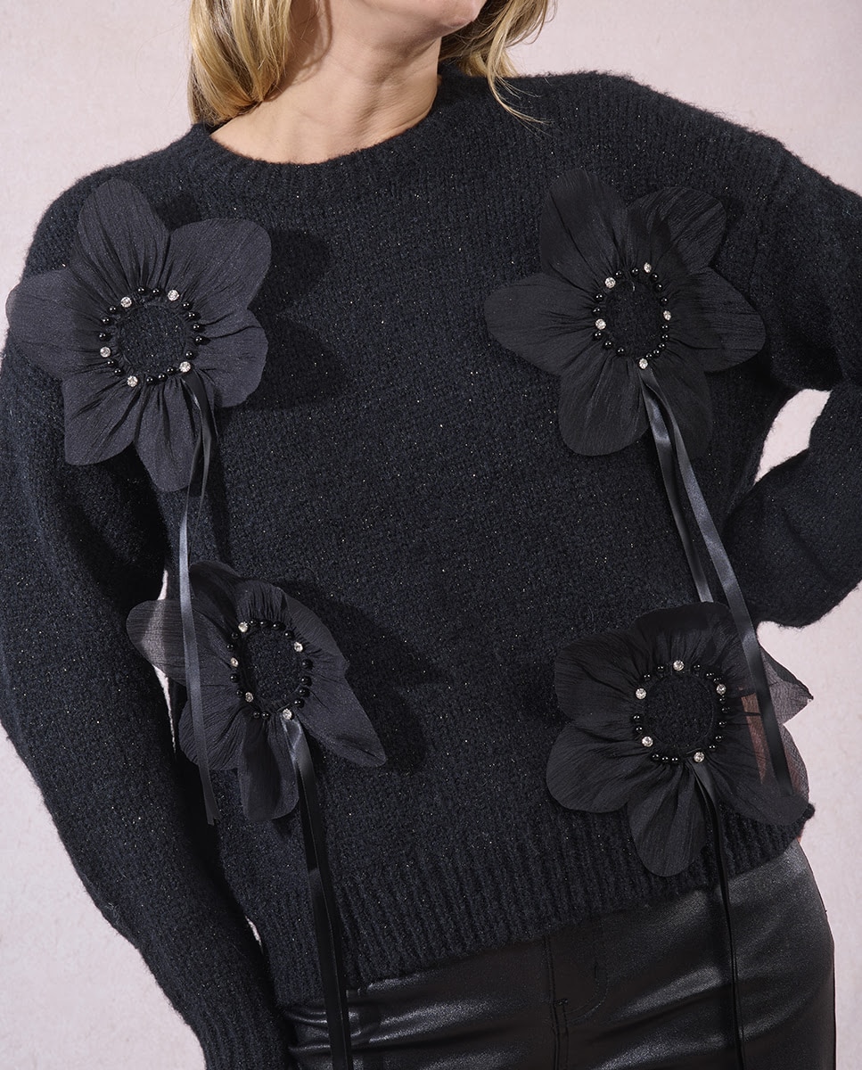 Jersey de mujer de manga larga detalle flores - Molly Bracken - Negro Negro-4