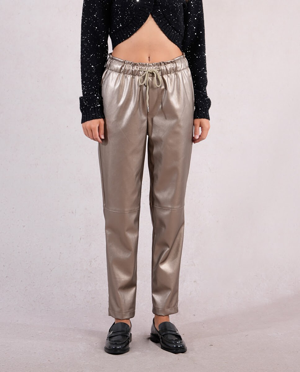 Pantalón de mujer largo efecto cuero brillante - Molly Bracken - Dorado Dorado-2